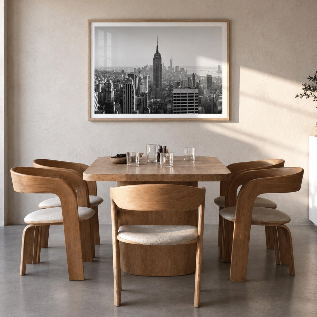 Manhattan black & white photo poster of New York City, New York – horizontal wall art in natural wood frame with white border