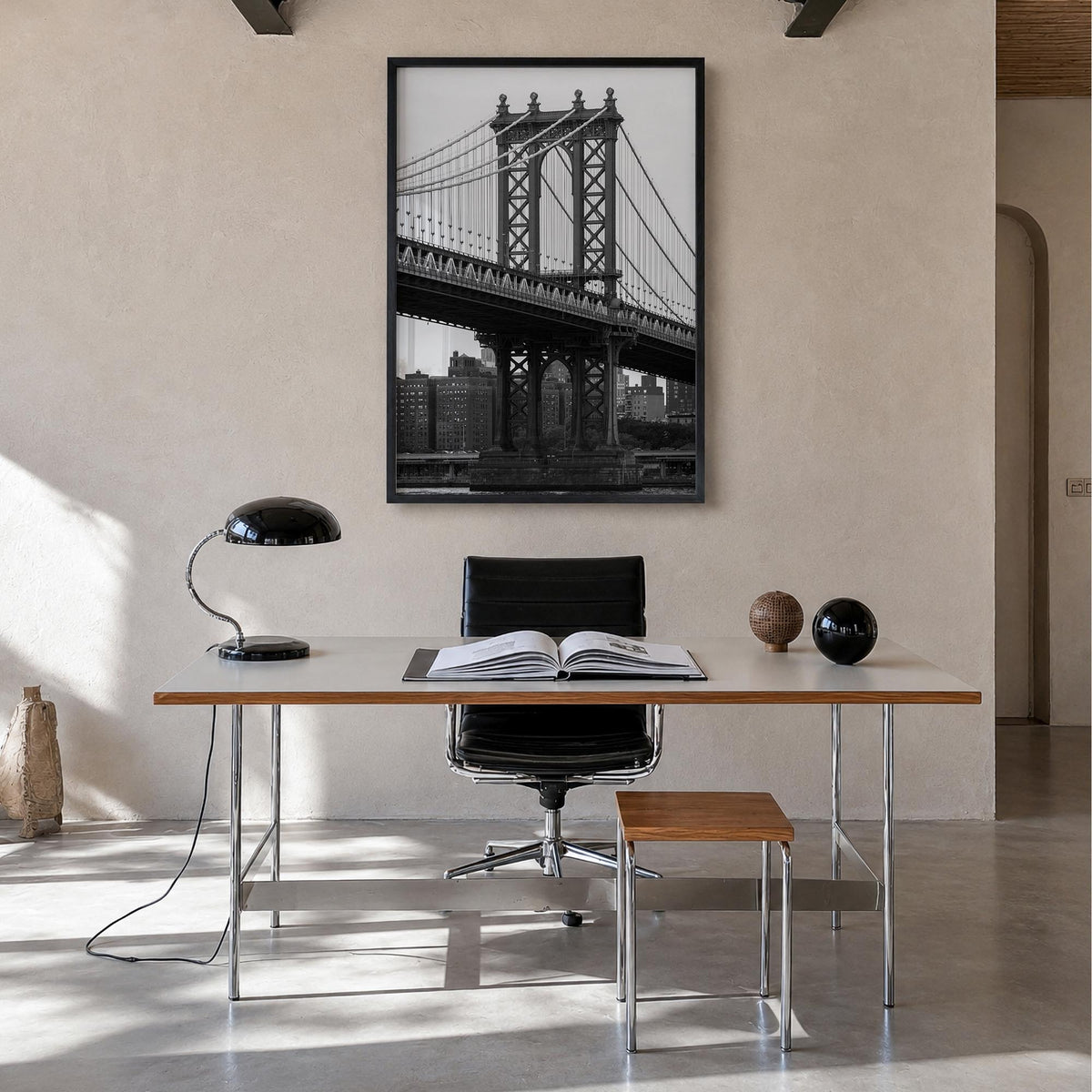 Manhattan Bridge black & white photo poster of New York, USA – vertical wall art in black wood frame, hanging on wall