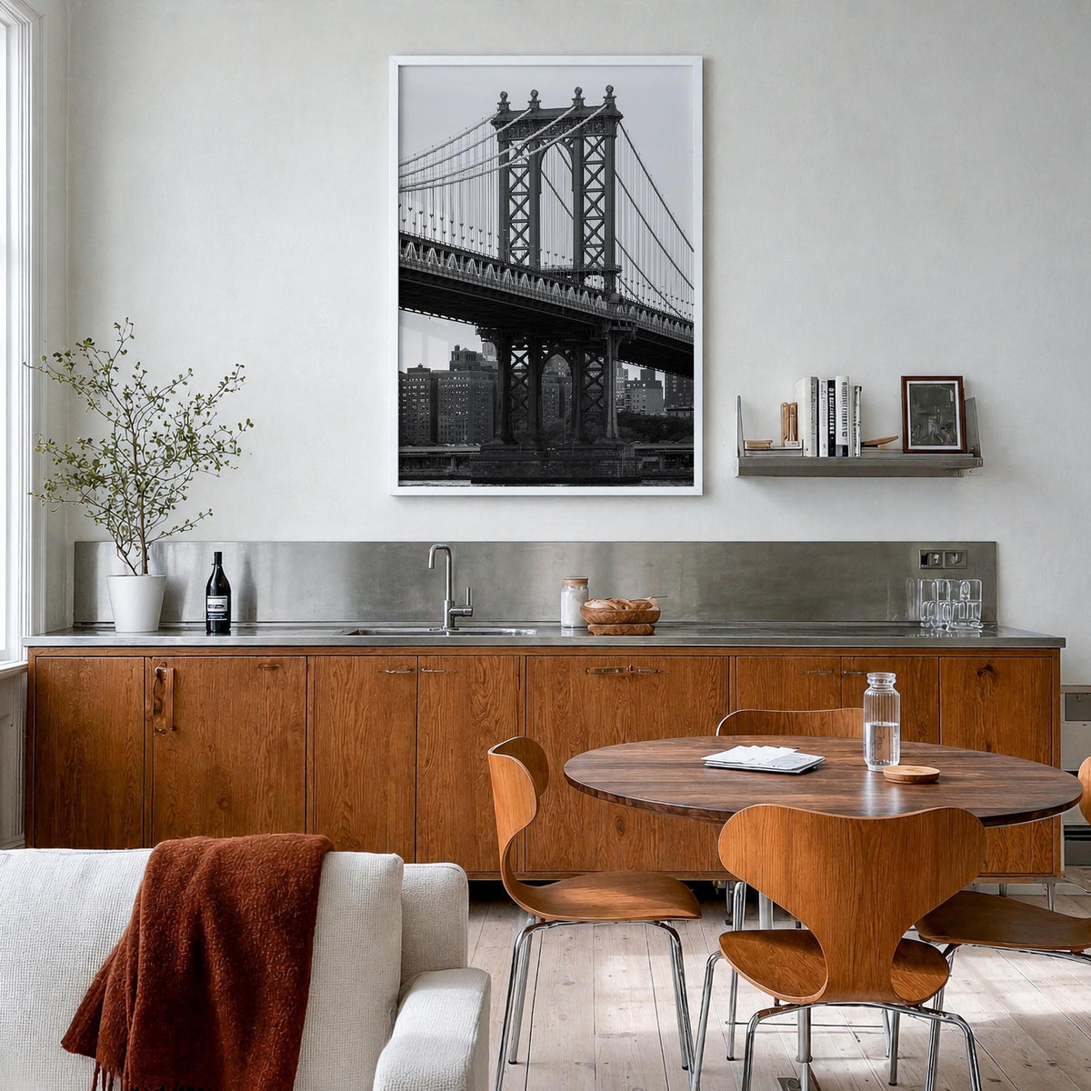 Manhattan Bridge black & white photo poster of New York, USA – vertical wall art in white wood frame, hanging on wall