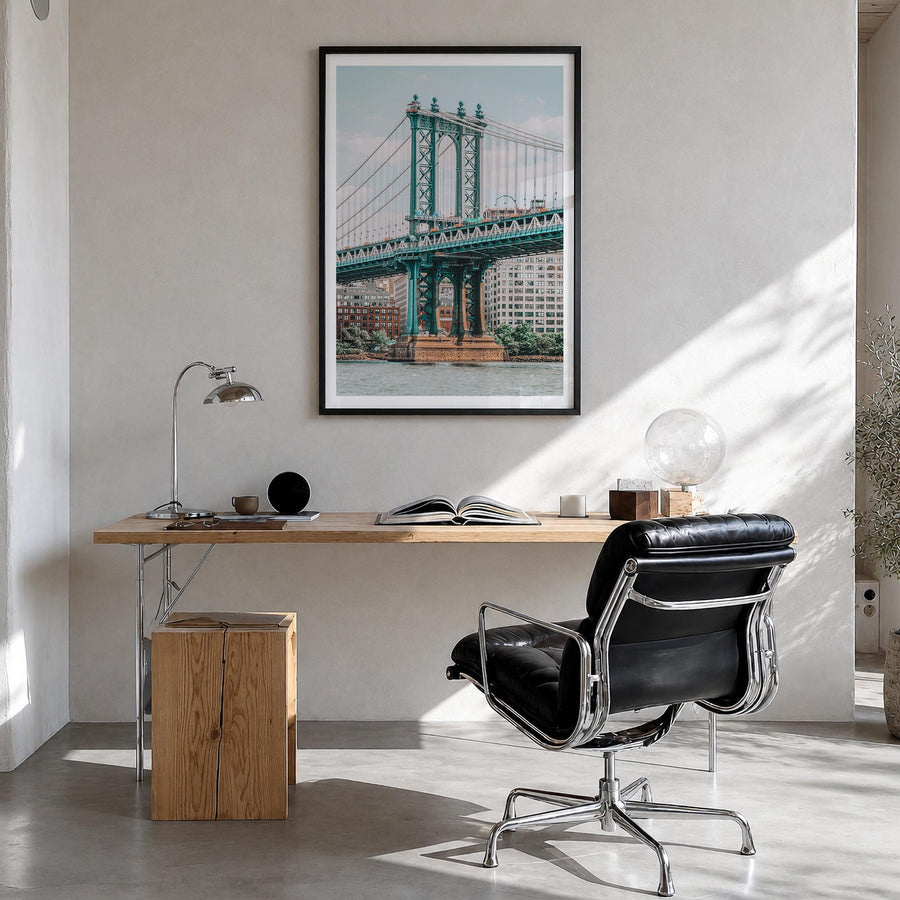 Manhattan Bridge no. 1 colorful photo poster of New York, USA – vertical wall art in black wood frame with white border, hang
