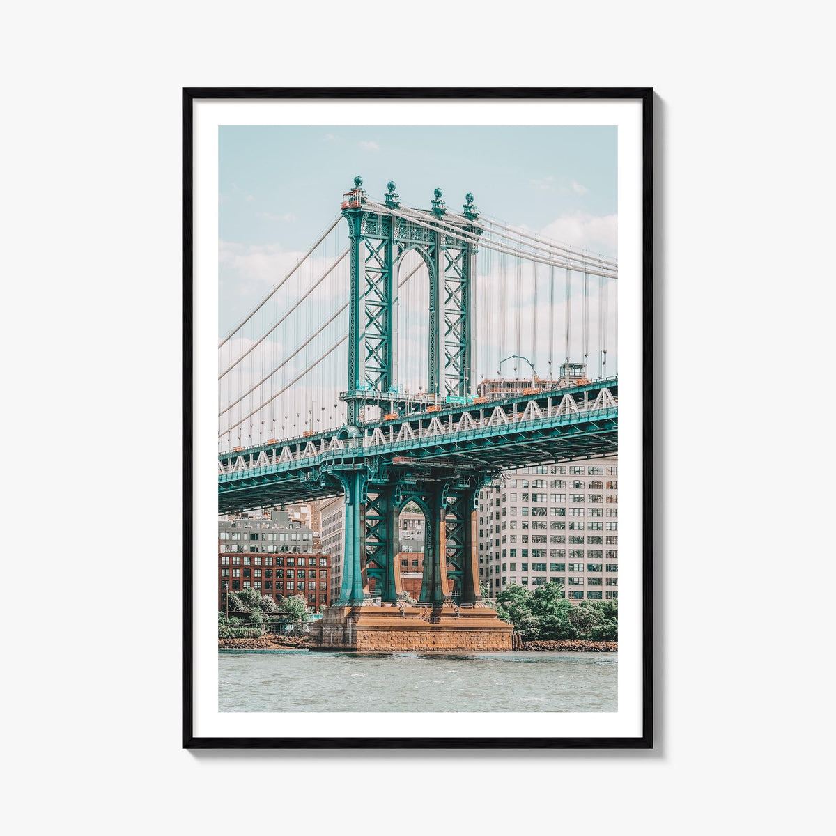 Manhattan Bridge no. 1 colorful photo poster of New York, USA – vertical wall art, unframed print shown in interior mockup