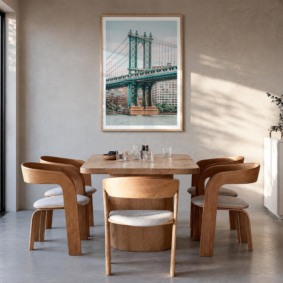 Manhattan Bridge no. 1 colorful photo poster of New York, USA – vertical wall art in natural wood frame with white border, ha