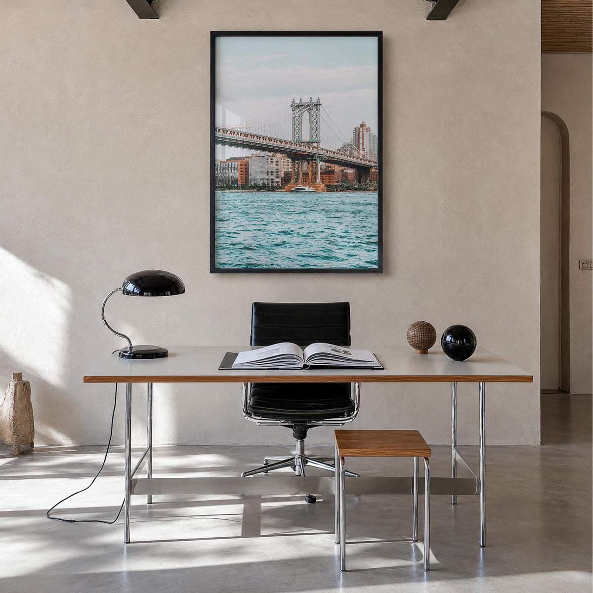 Manhattan Bridge no. 2 colorful photo poster of New York, USA – vertical wall art in black wood frame, hanging on wall