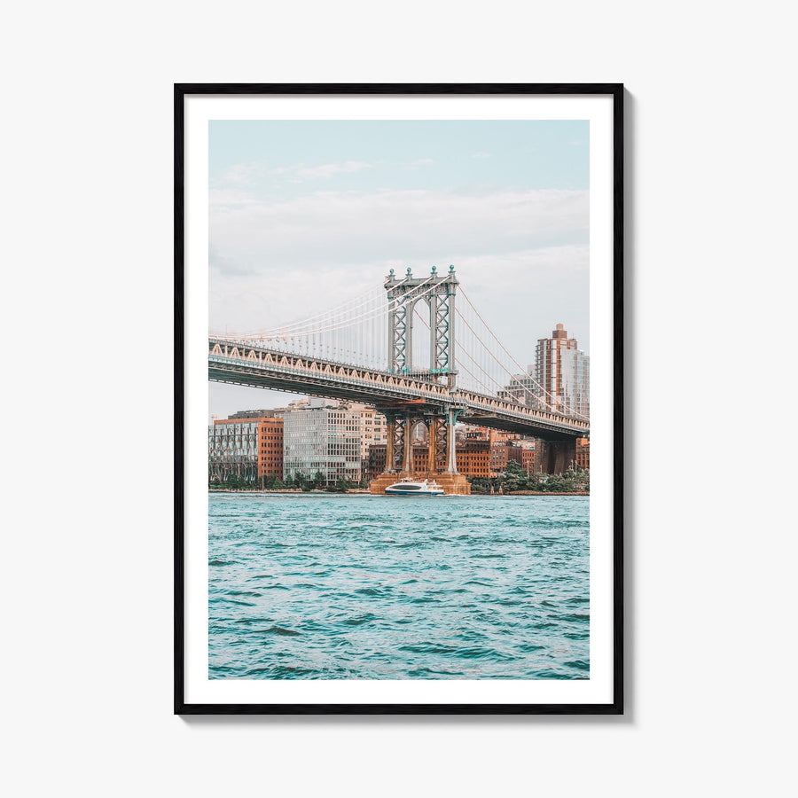 Manhattan Bridge no. 2 colorful photo poster of New York, USA – vertical wall art, unframed print shown in interior mockup