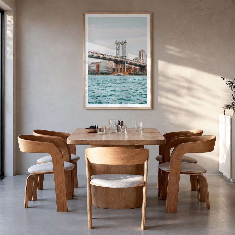 Manhattan Bridge no. 2 colorful photo poster of New York, USA – vertical wall art in natural wood frame with white border, ha