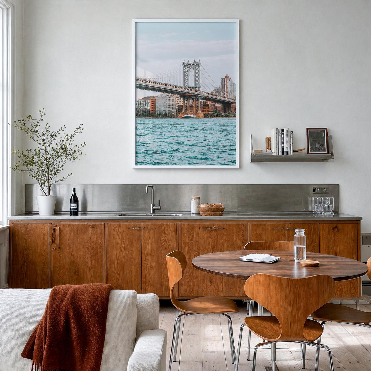 Manhattan Bridge no. 2 colorful photo poster of New York, USA – vertical wall art in white wood frame, hanging on wall