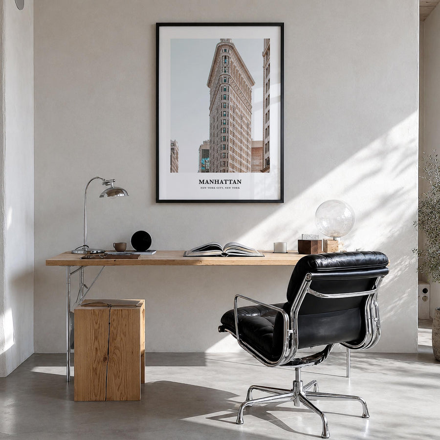 Manhattan colorful classic poster of New York City, New York – vertical wall art in black wood frame, hanging on wall