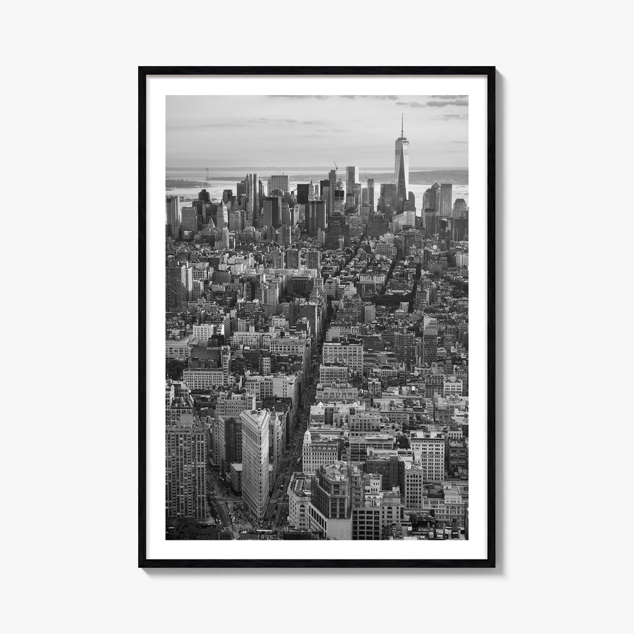 Manhattan no. 1 black & white photo poster of New York City, New York – vertical wall art, unframed print shown in interior m