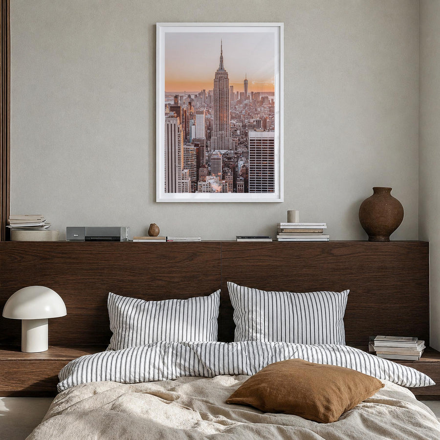Manhattan no. 1 colorful photo poster of New York City, New York – vertical wall art in white wood frame with white border, h