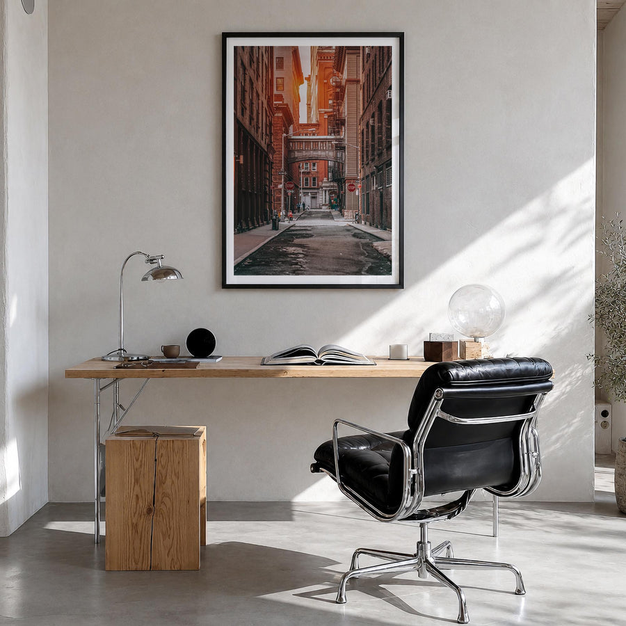 Manhattan no. 2 colorful photo poster of New York City, New York – vertical wall art in black wood frame with white border, h