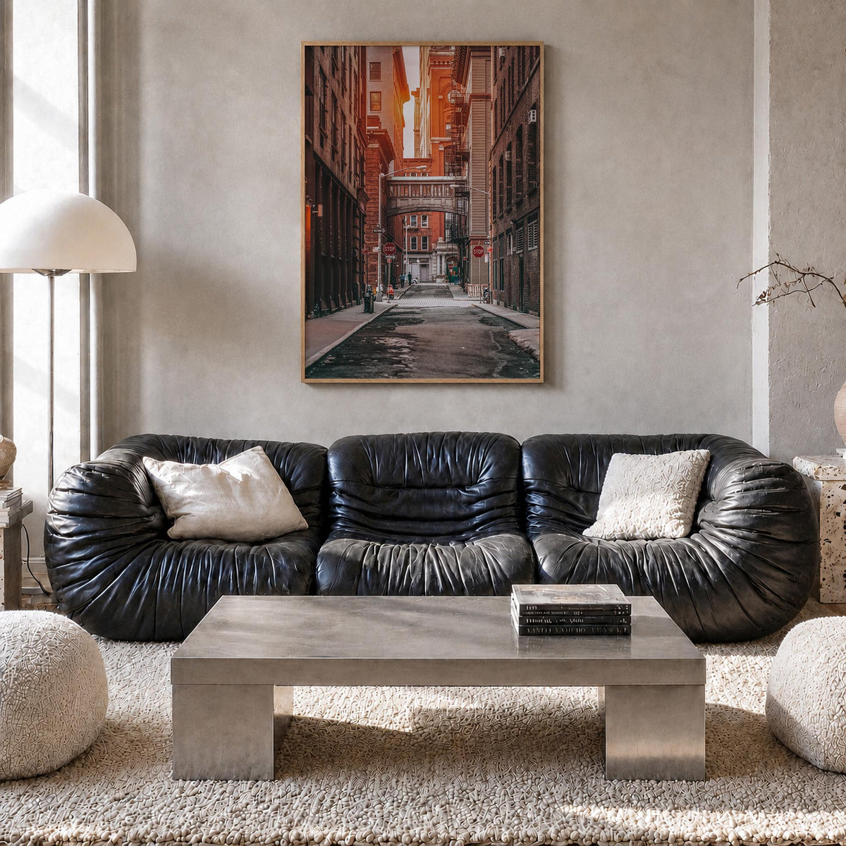 Manhattan no. 2 colorful photo poster of New York City, New York – vertical wall art in natural wood frame, hanging on wall