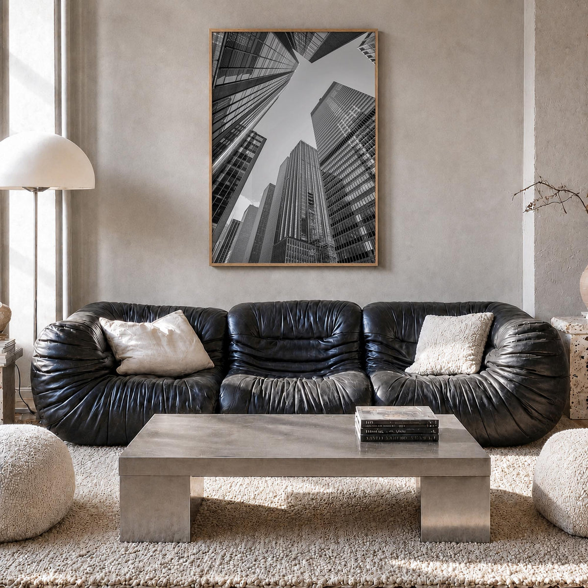 Manhattan no. 3 black & white photo poster of New York City, New York – vertical wall art in natural wood frame, hanging on w