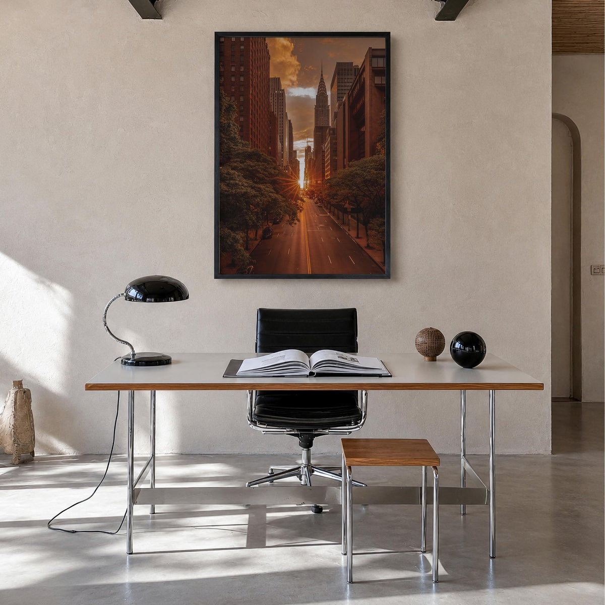 Manhattan no. 3 colorful photo poster of New York City, New York – vertical wall art in black wood frame, hanging on wall