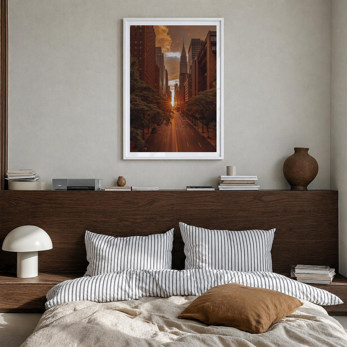 Manhattan no. 3 colorful photo poster of New York City, New York – vertical wall art in white wood frame with white border, h