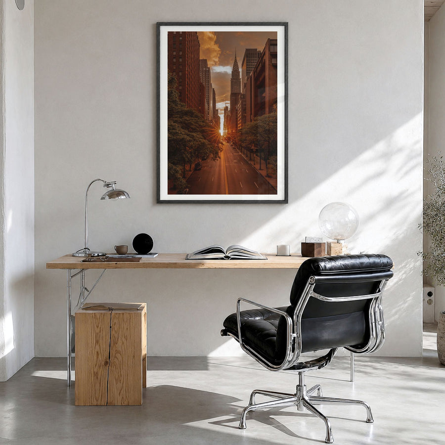 Manhattan Photo No 3 Poster in a black wood frame, hanging in a bright home office, white border