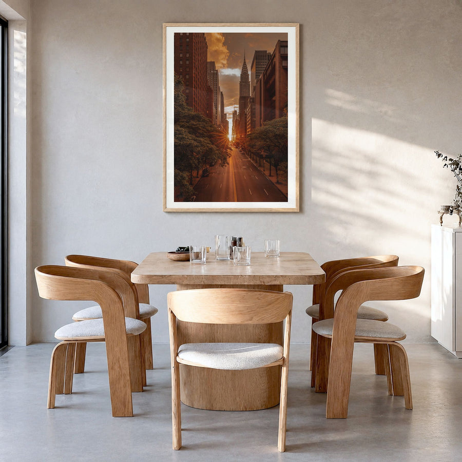 Manhattan Photo No 3 Poster in a natural wood frame, hanging in a dining room, white border
