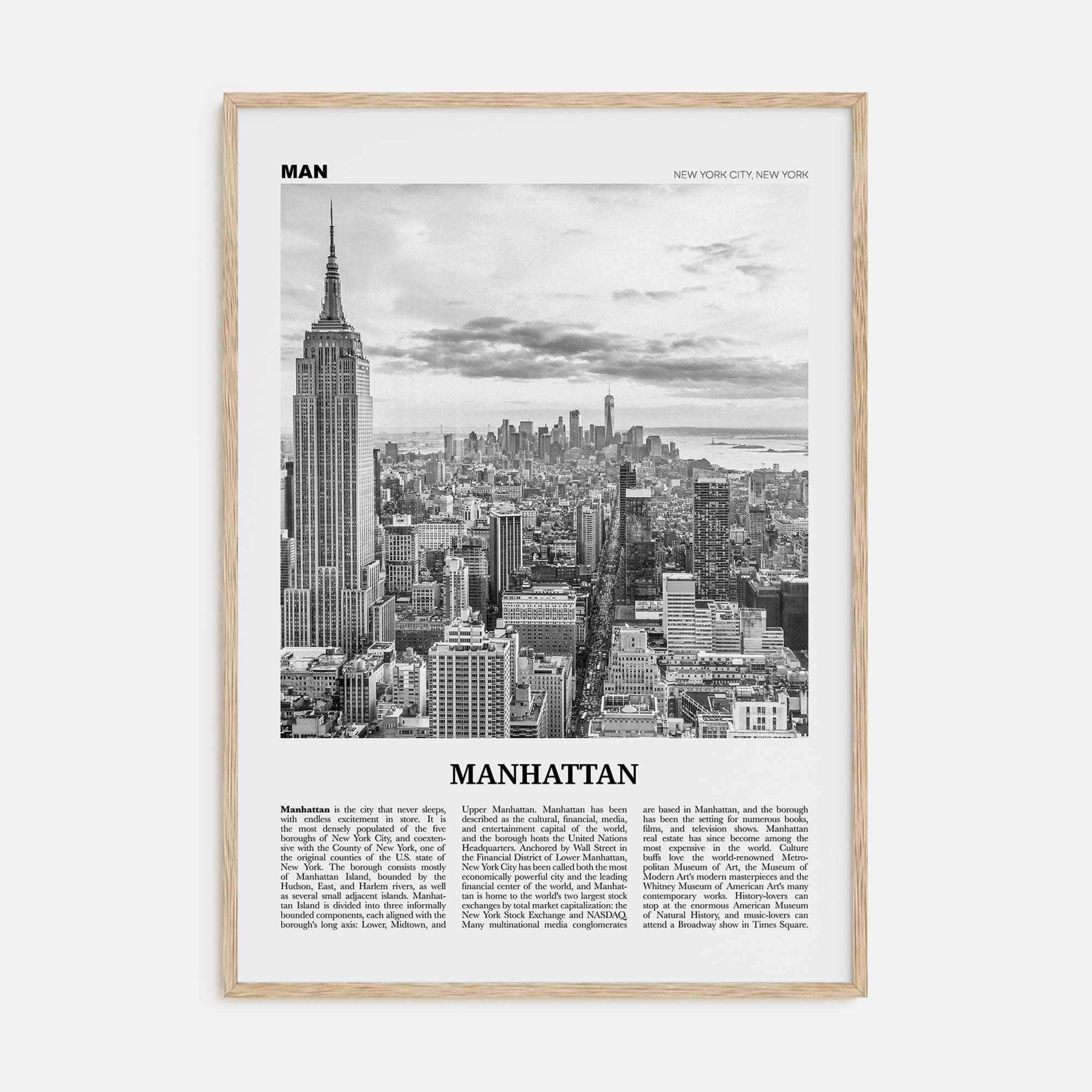 Manhattan Poster Natural Wood / 8x12 in Nbourhood Travel B&W Poster