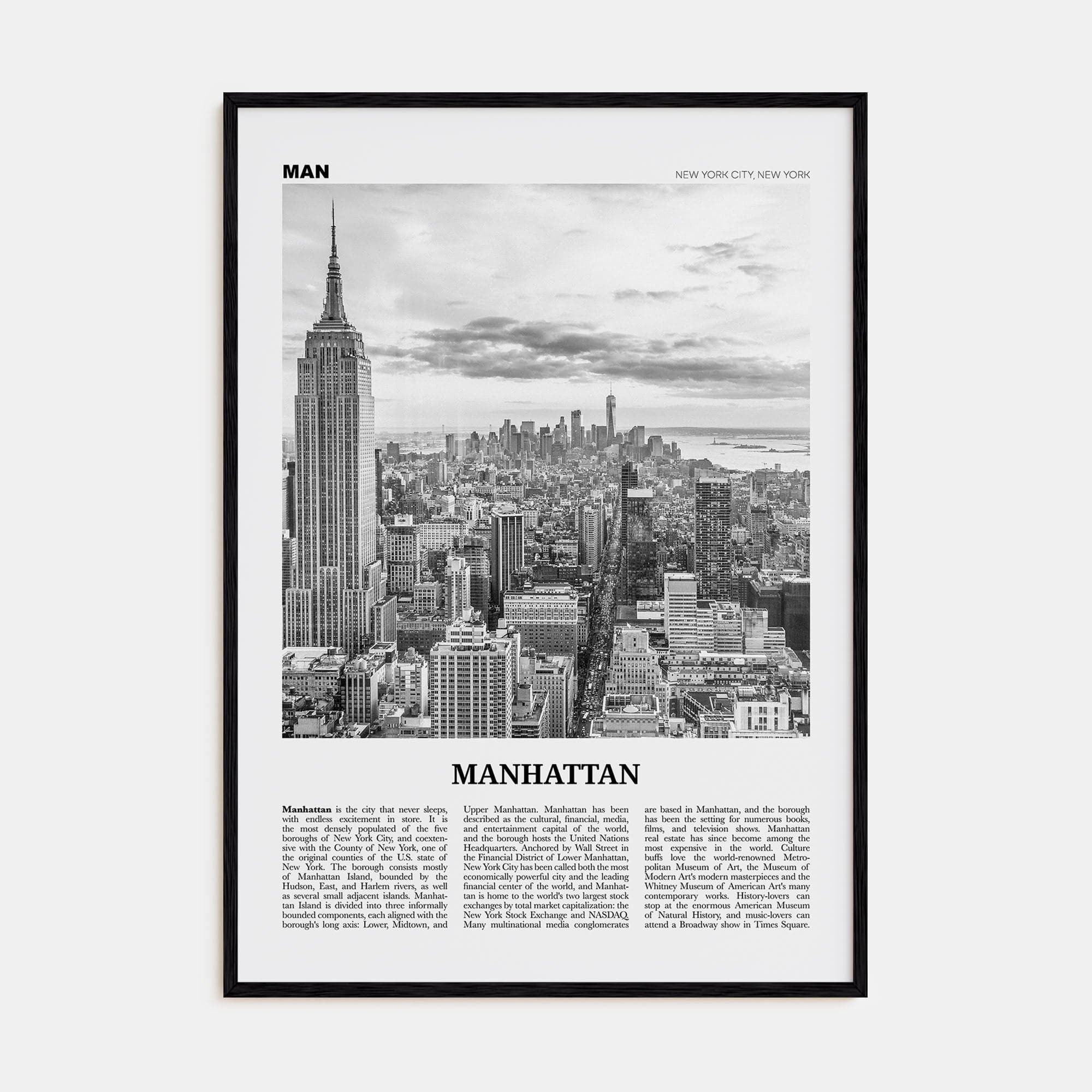 Manhattan Poster Black Wood / 8x12 in Nbourhood Travel B&W Poster