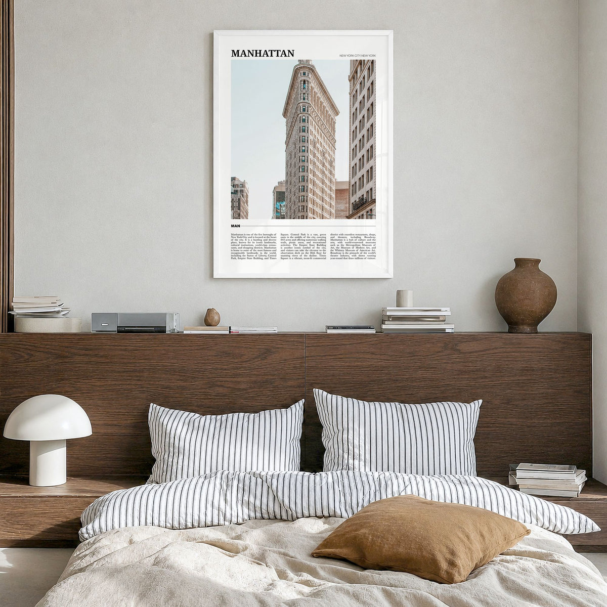 Manhattan Travel Poster in a white wood frame, hanging in a bedroom