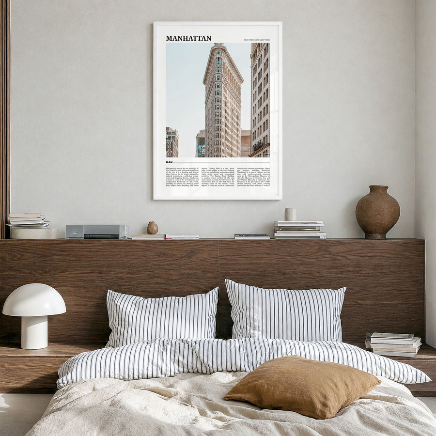 Manhattan Travel Poster in a white wood frame, hanging in a bedroom