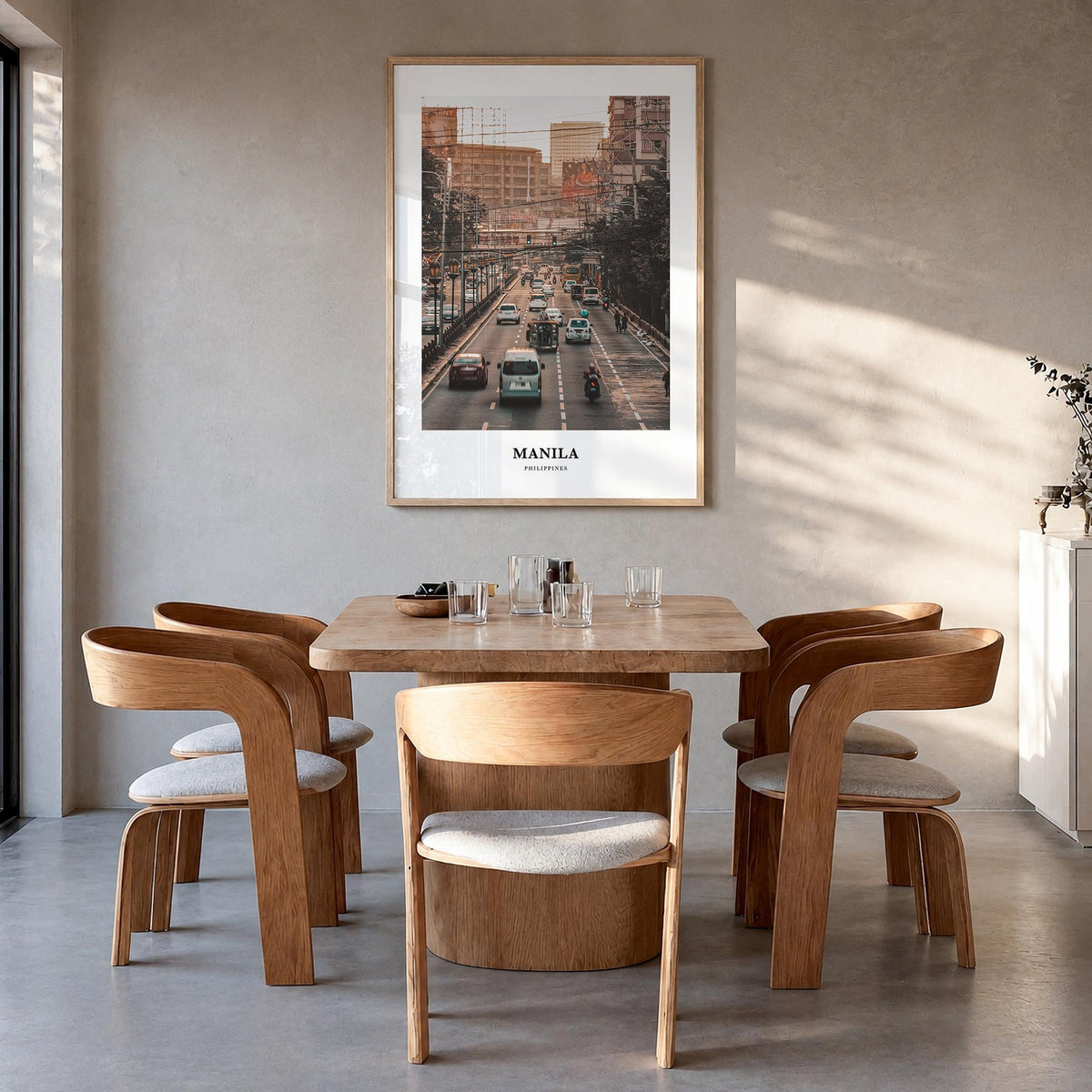 Manila colorful classic poster of Philippines – vertical wall art in natural wood frame, hanging on wall