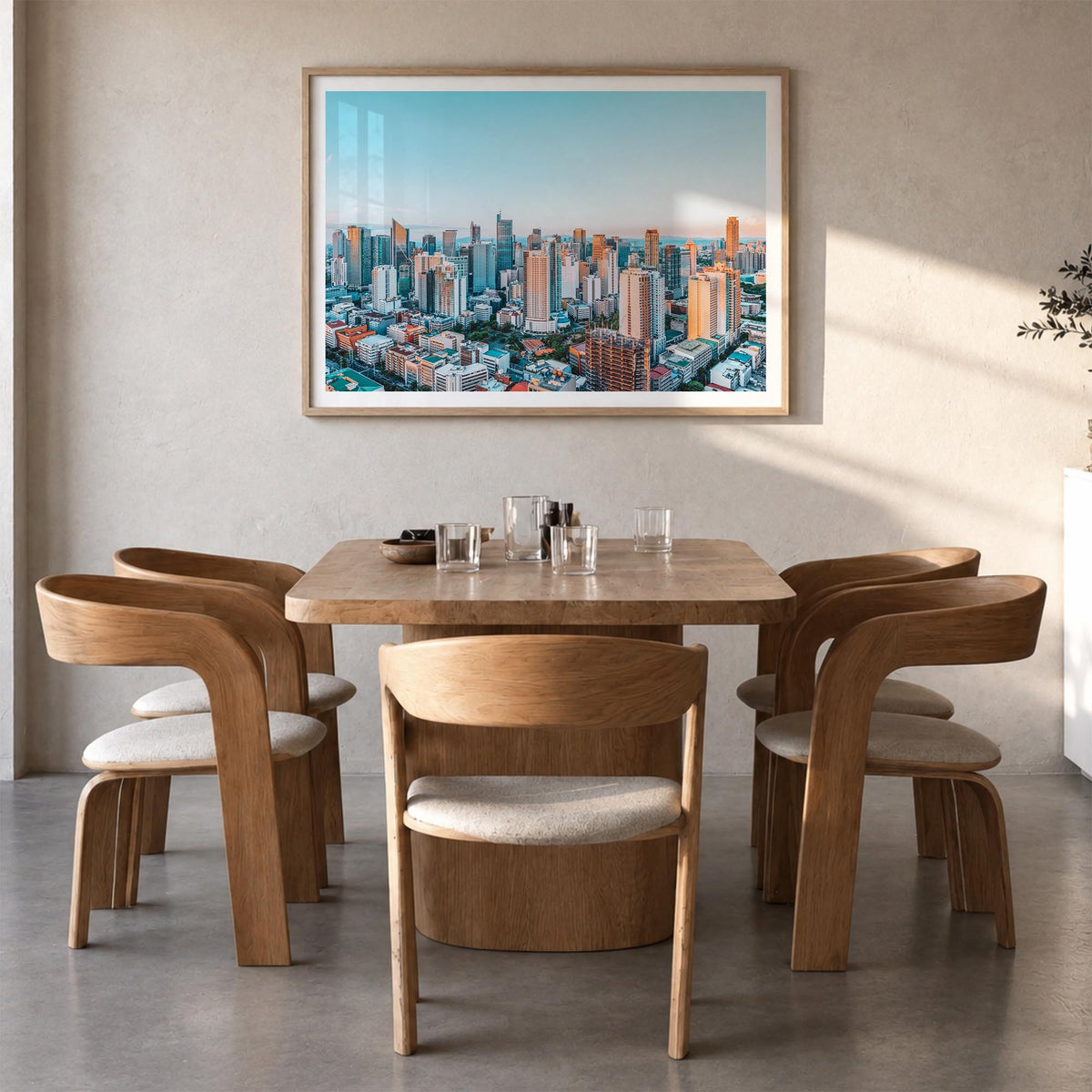Manila colorful photo poster of Philippines – horizontal wall art in natural wood frame with white border, hanging on wall