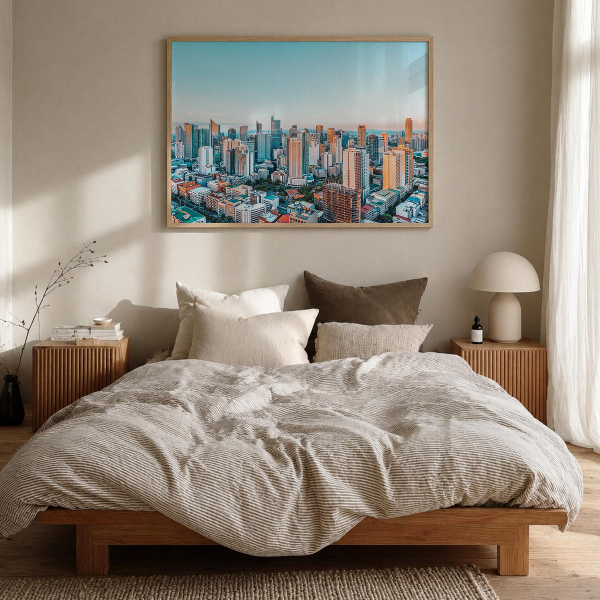 Manila colorful photo poster of Philippines – horizontal wall art in natural wood frame, hanging on wall