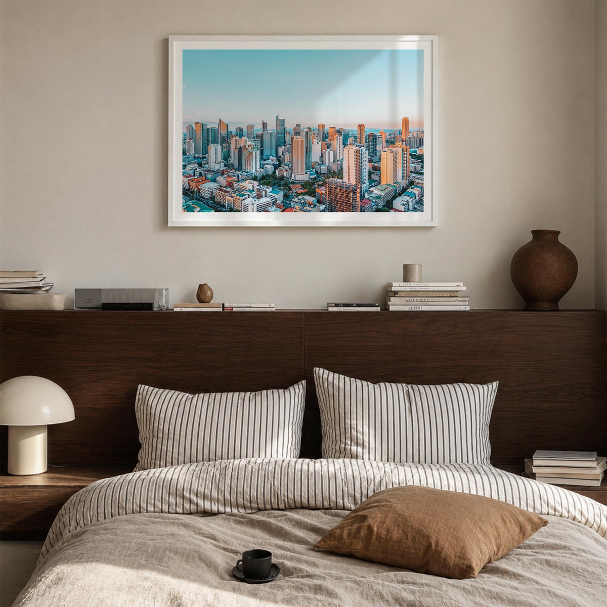 Manila colorful photo poster of Philippines – horizontal wall art in white wood frame with white border, hanging on wall