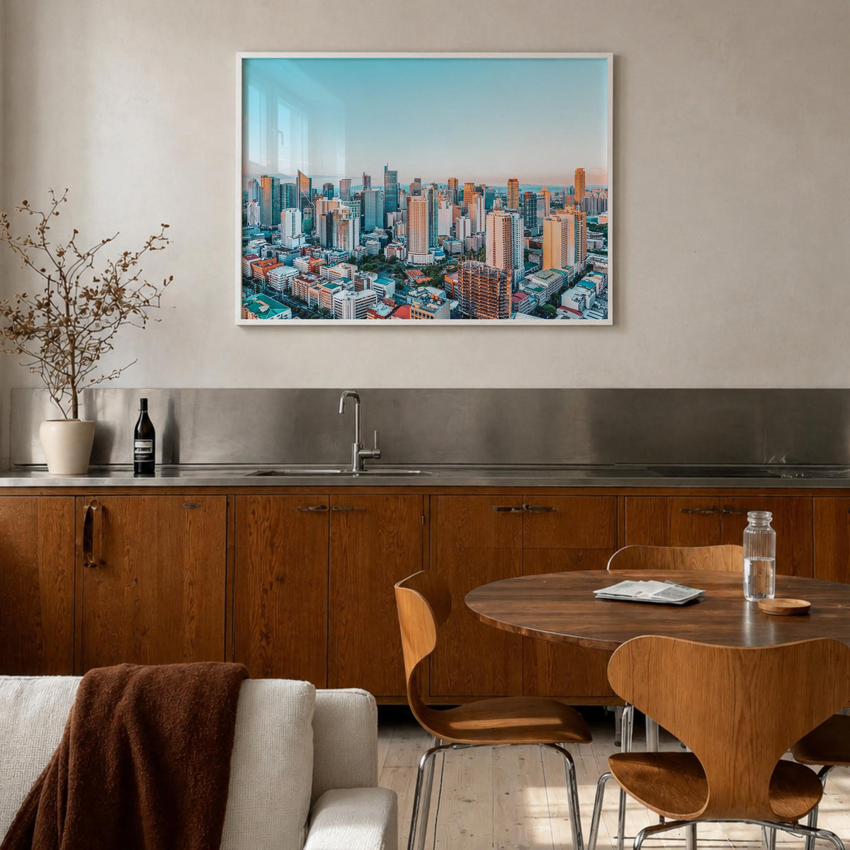 Manila colorful photo poster of Philippines – horizontal wall art in white wood frame, hanging on wall