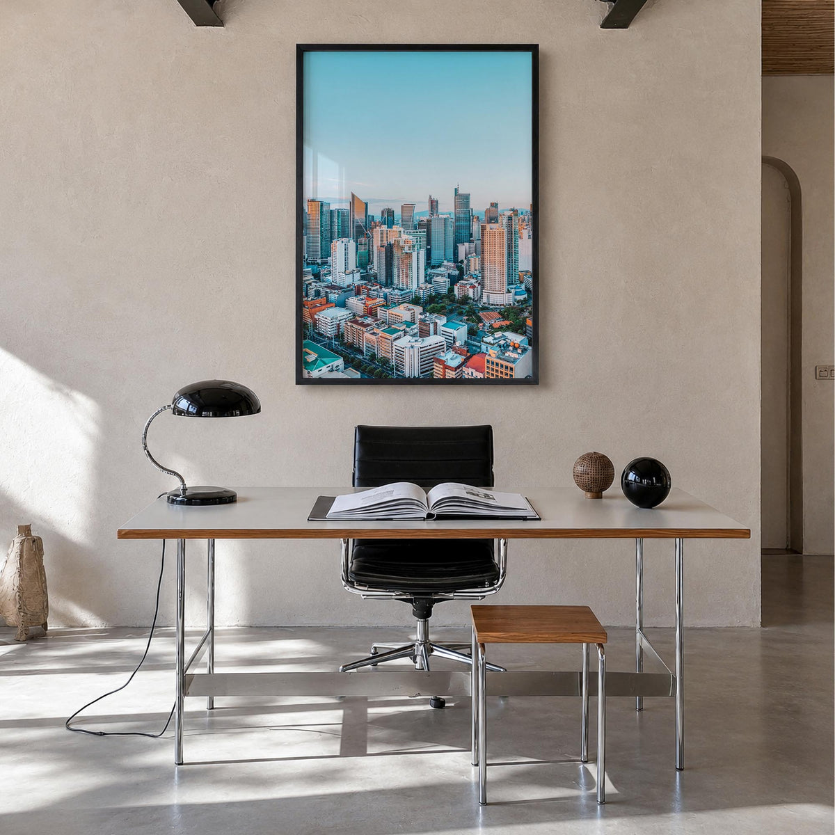 Manila no. 1 colorful photo poster of Philippines – vertical wall art in black wood frame, hanging on wall
