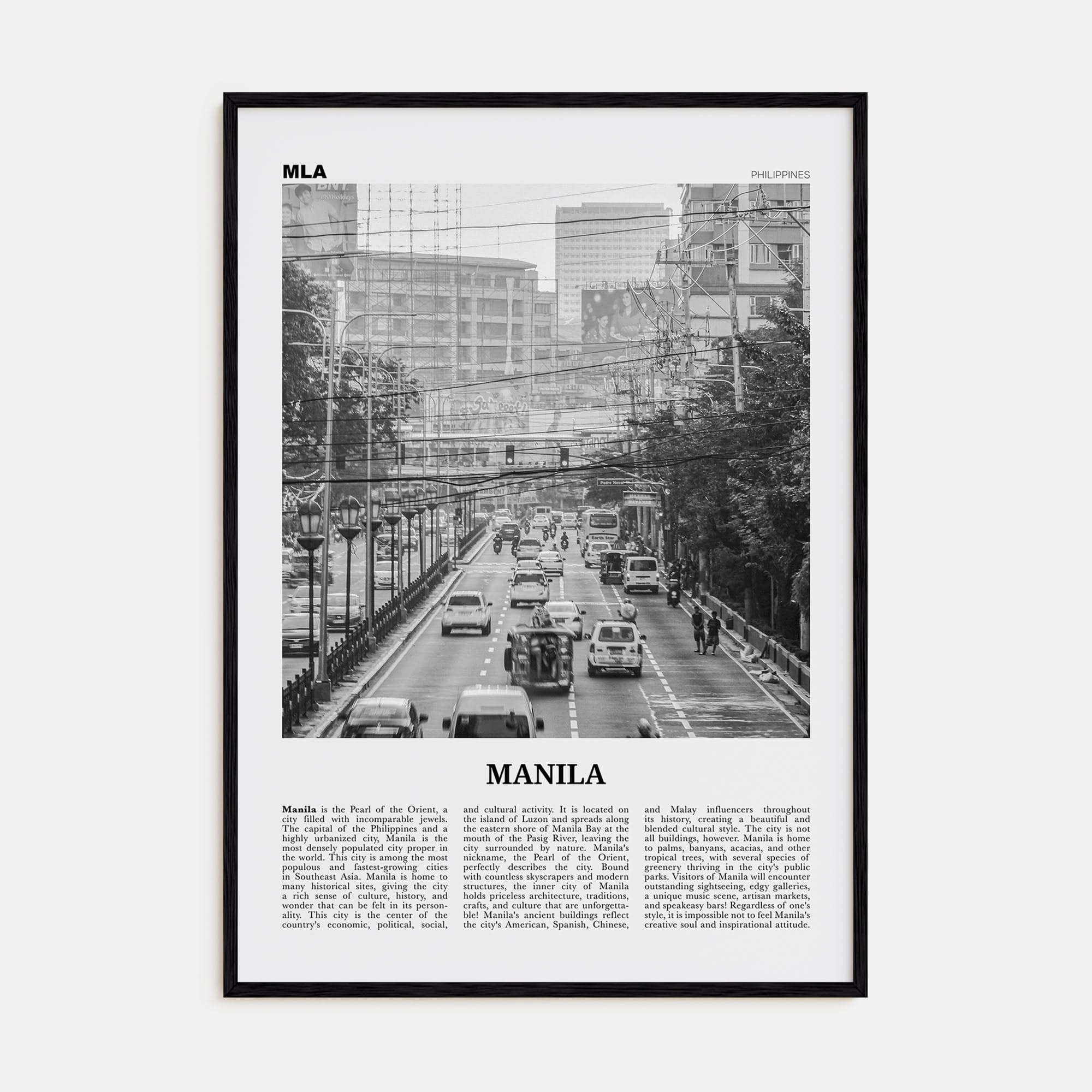 Manila No 1 Poster Black Wood / 8x12 in Nbourhood Travel B&W Poster