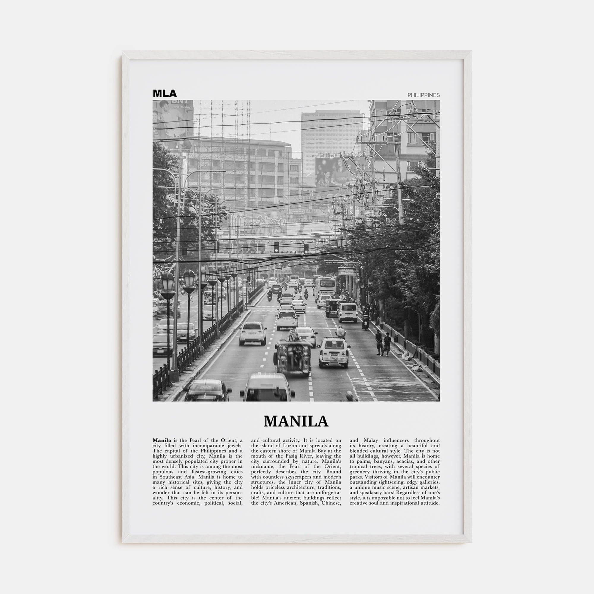 Manila No 1 Poster White Wood / 8x12 in Nbourhood Travel B&W Poster