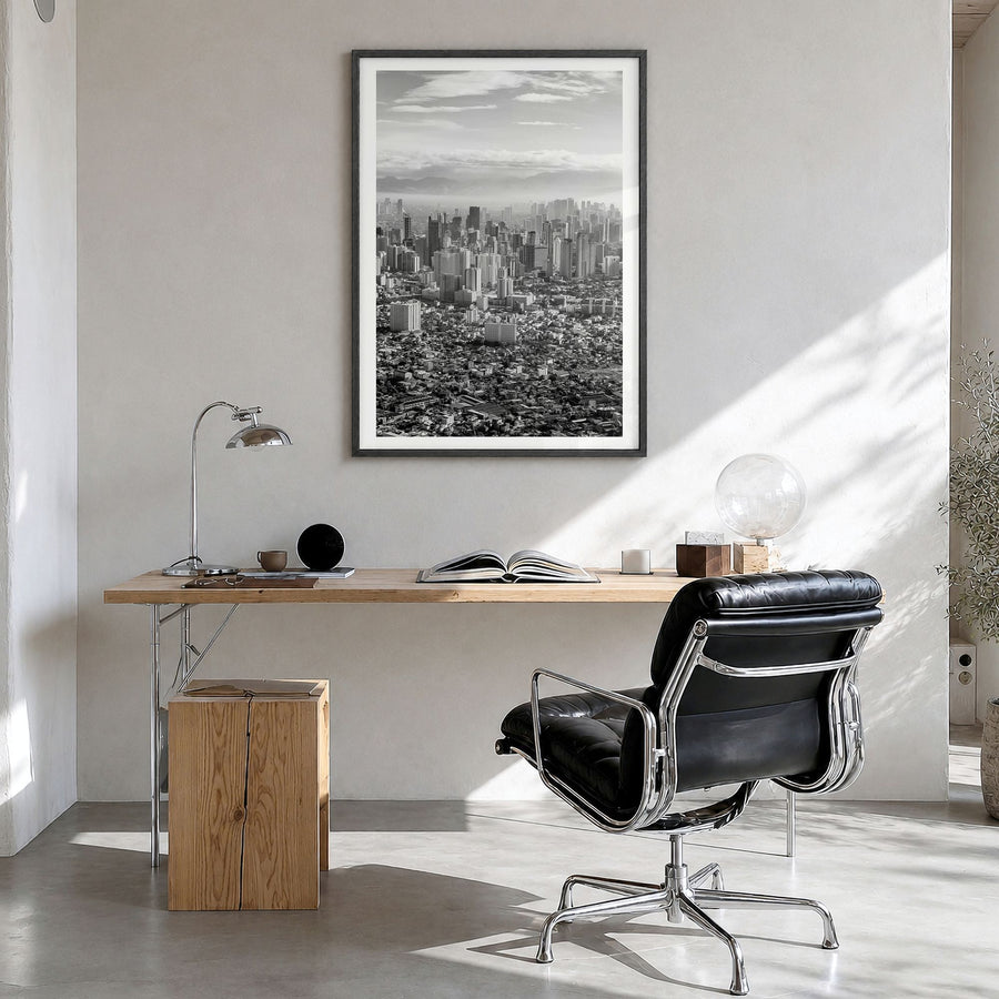Manila Photo No 1 Poster in a black wood frame, hanging in a bright home office, white border