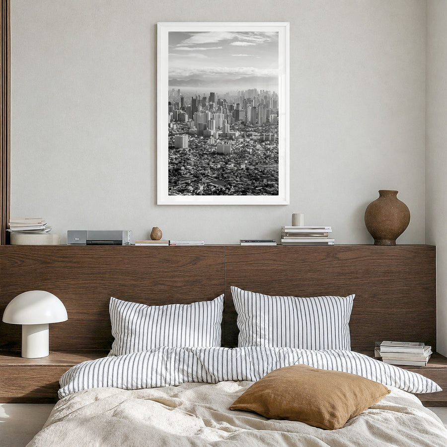 Manila Photo No 1 Poster in a white wood frame, hanging in a bedroom, white border