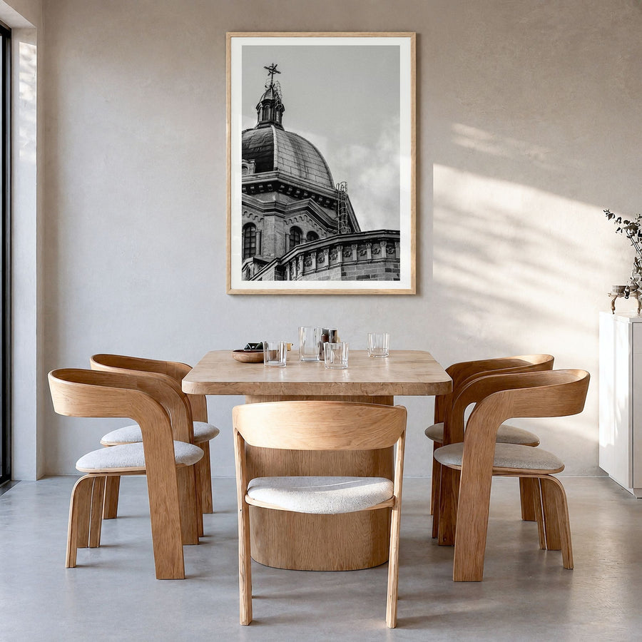 Manila Photo No 2 Poster in a natural wood frame, hanging in a dining room, white border