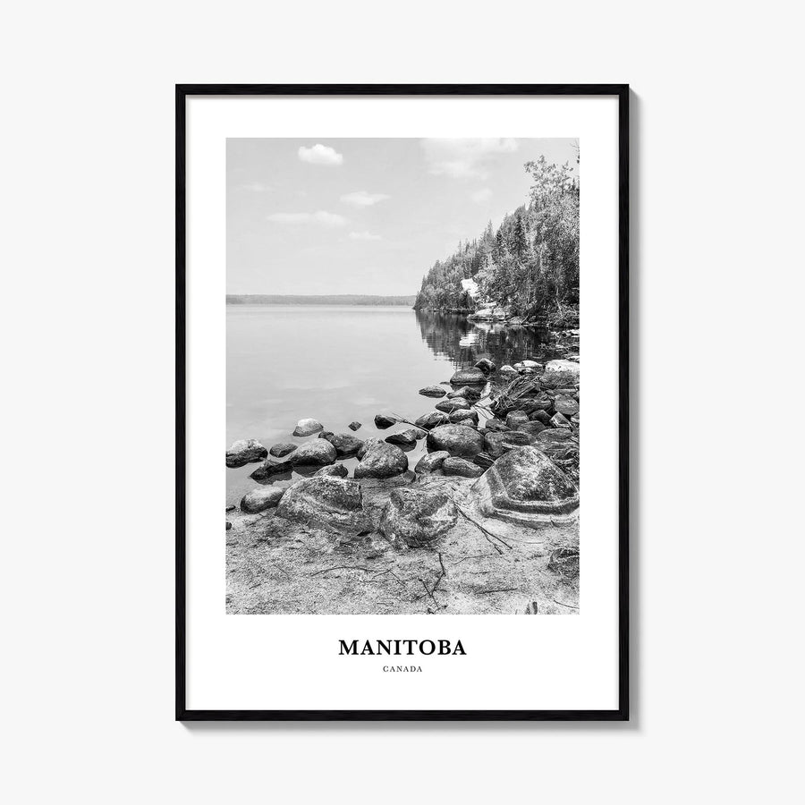 Manitoba black & white classic poster of Canada – vertical wall art, unframed print shown in interior mockup