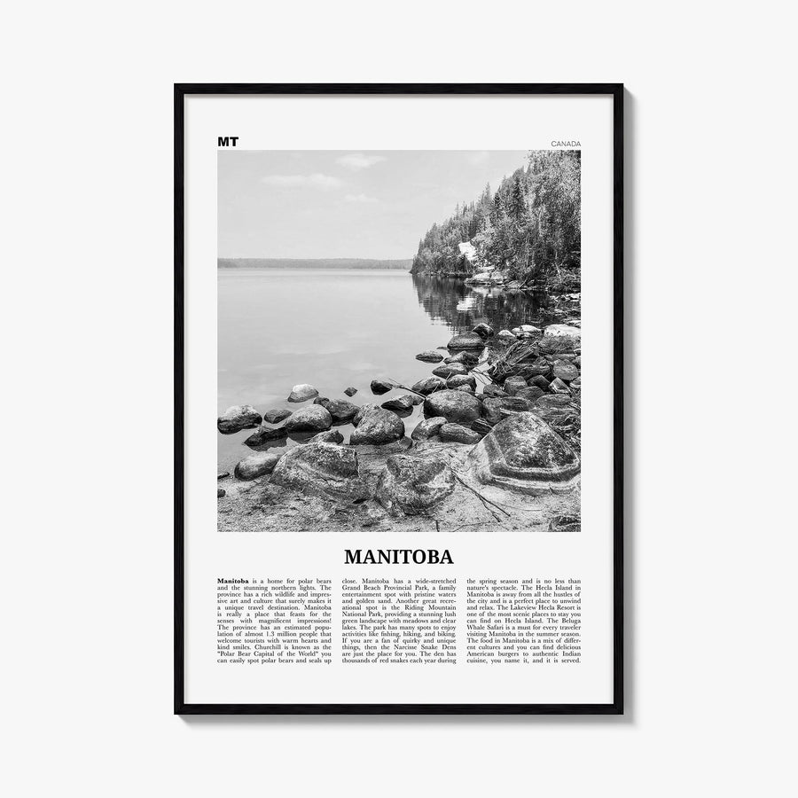 Manitoba black & white newspaper poster of Canada – vertical wall art, unframed print shown in interior mockup