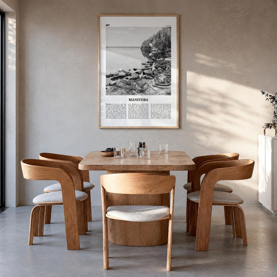 Manitoba black & white newspaper poster of Canada – vertical wall art in natural wood frame, hanging on wall