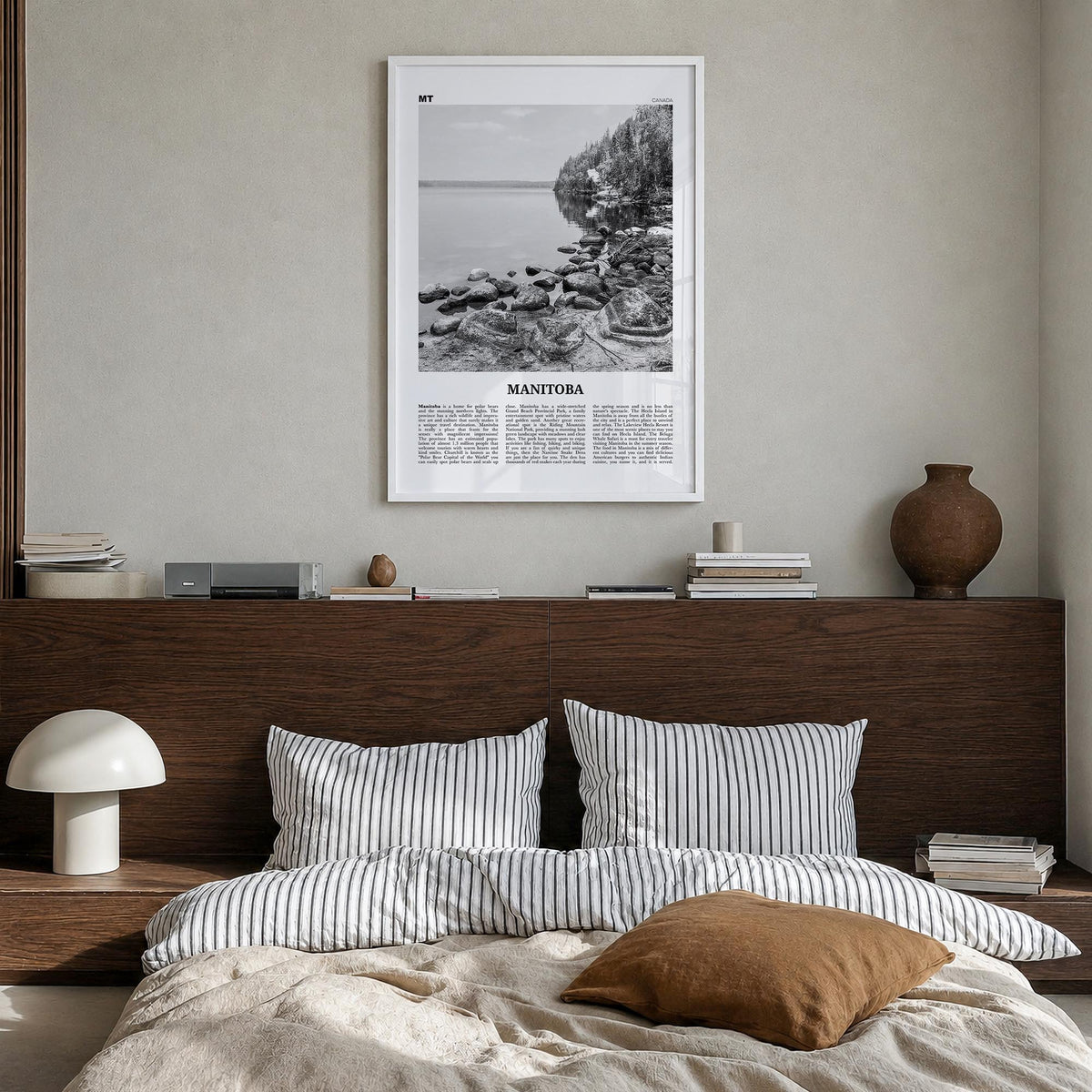 Manitoba black & white newspaper poster of Canada – vertical wall art in white wood frame, hanging on wall