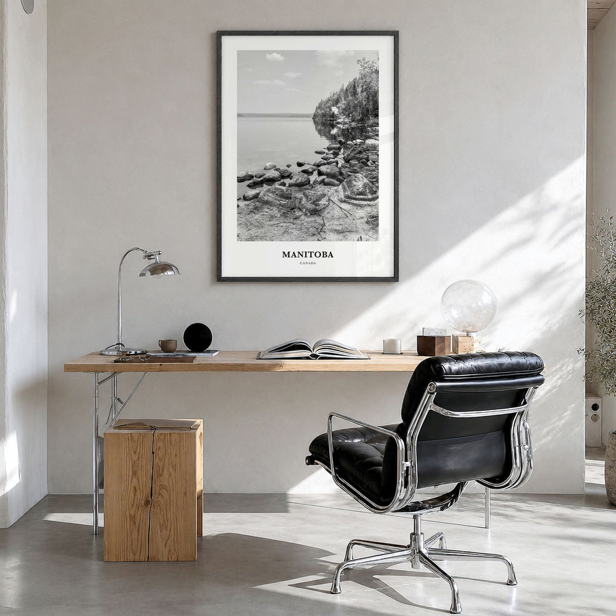 Manitoba Classic Poster in a black wood frame, hanging in a bright home office