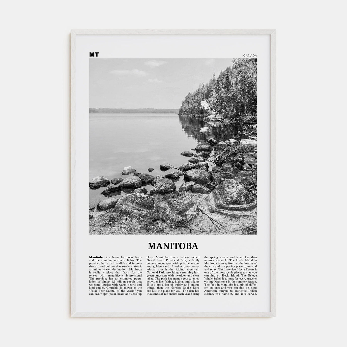 Manitoba Poster White Wood / 8x12 in Nbourhood Travel B&W Poster