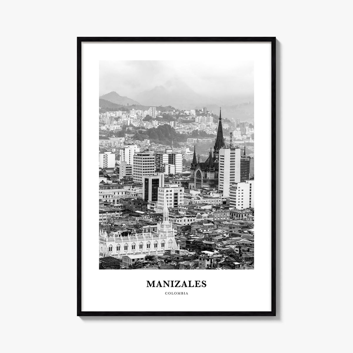 Manizales black & white classic poster of Colombia – vertical wall art, unframed print shown in interior mockup