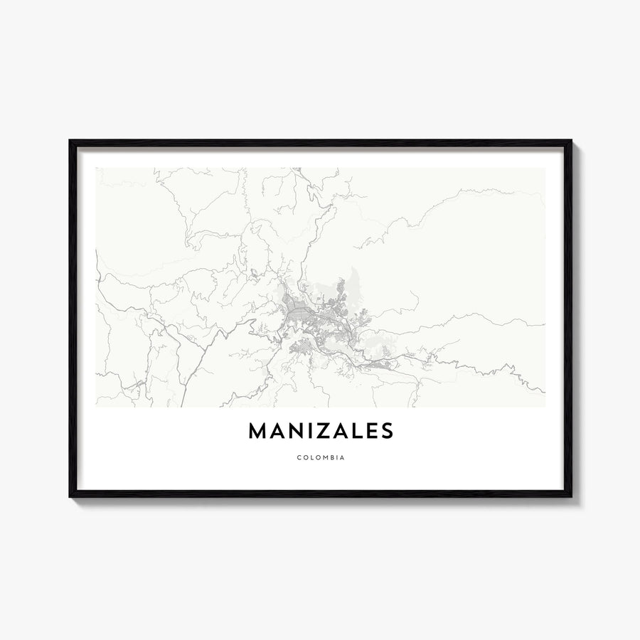 Manizales black & white map poster of Colombia – horizontal wall art, unframed print shown in interior mockup