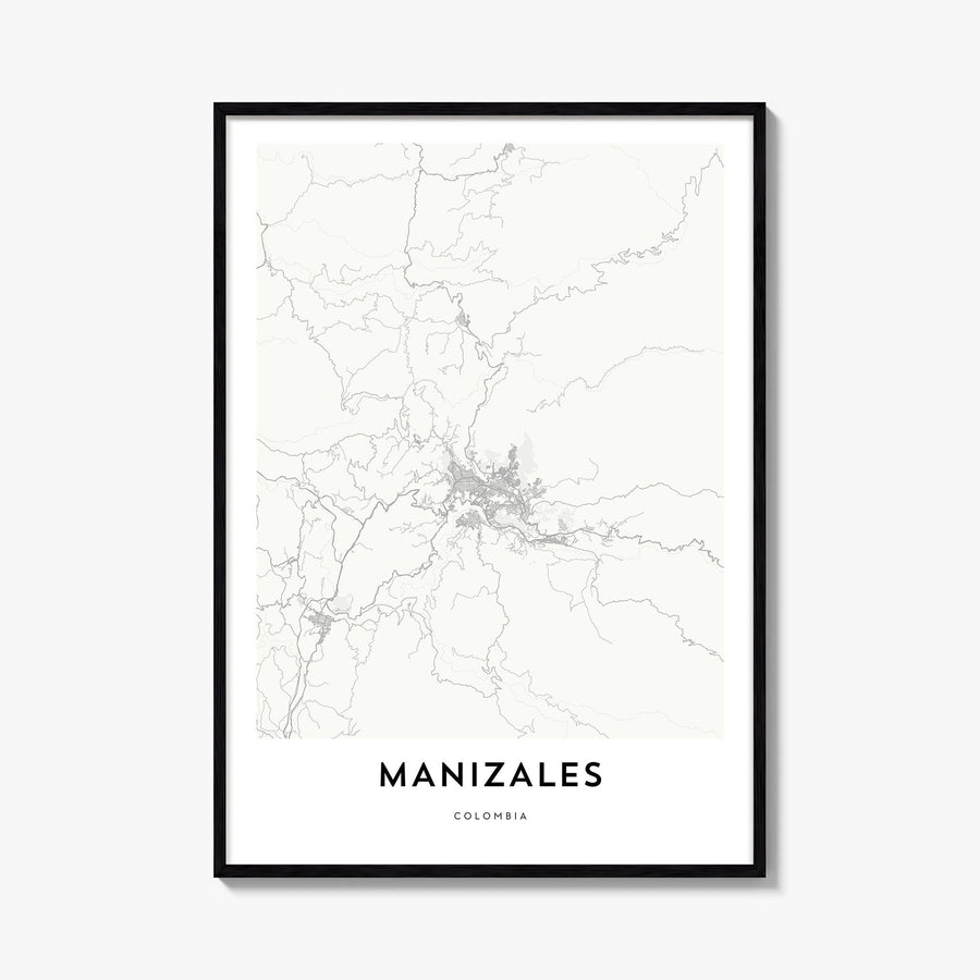 Manizales black & white map poster of Colombia – vertical wall art, unframed print shown in interior mockup