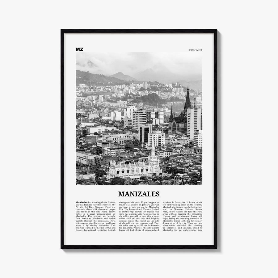 Manizales black & white newspaper poster of Colombia – vertical wall art, unframed print shown in interior mockup