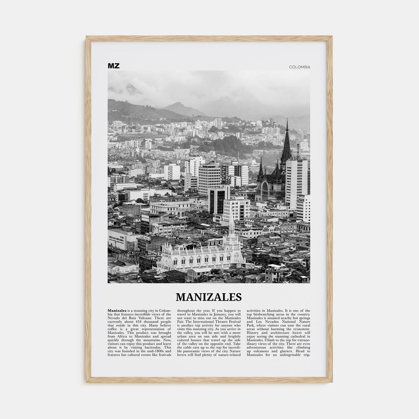 Manizales Poster Natural Wood / 8x12 in Nbourhood Travel B&W Poster