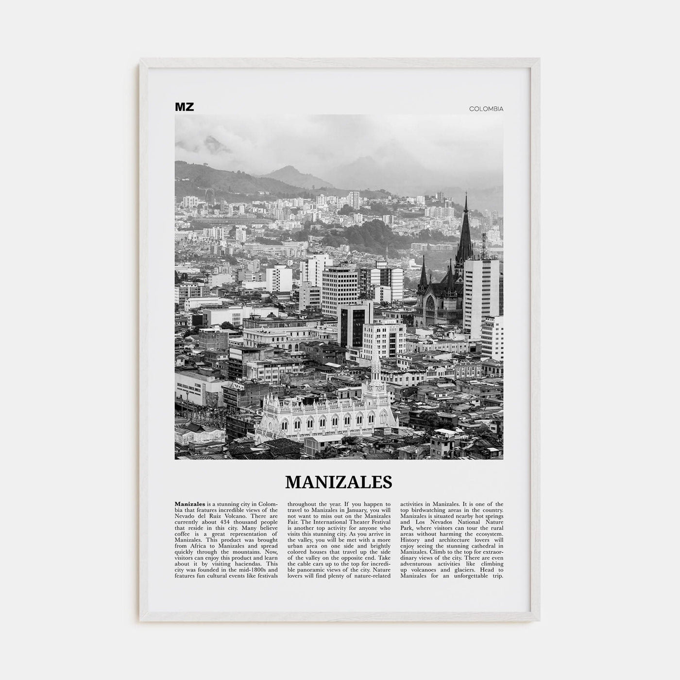 Manizales Poster White Wood / 8x12 in Nbourhood Travel B&W Poster