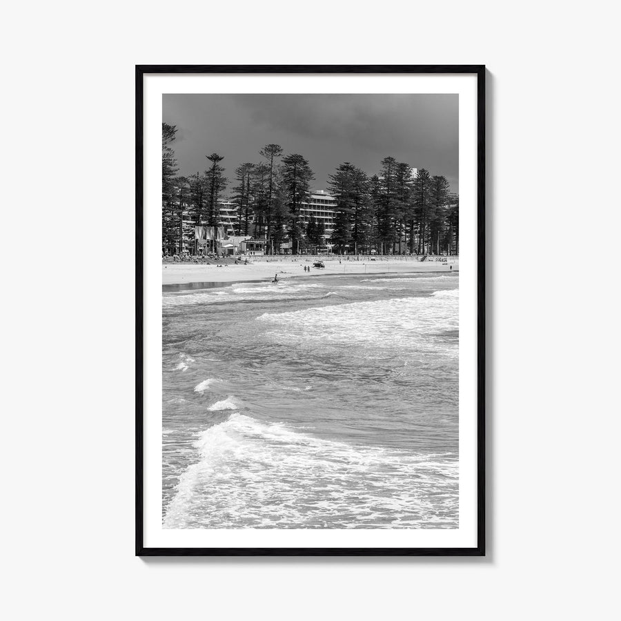 Manly Beach black & white photo poster of Sydney, New South Wales – vertical wall art, unframed print shown in interior mocku
