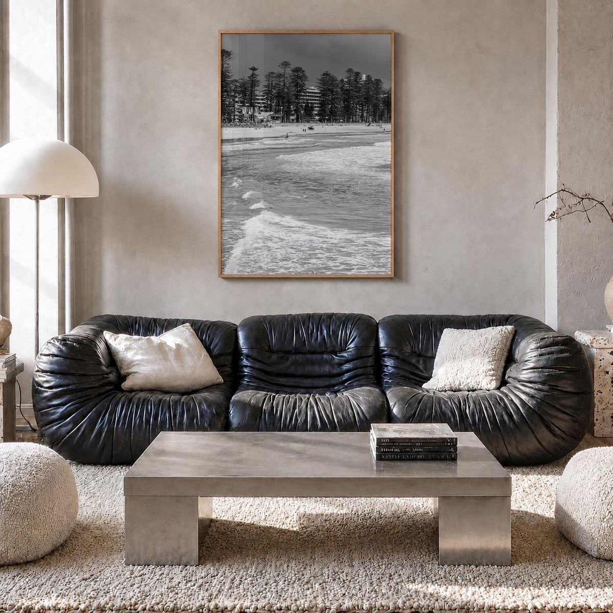 Manly Beach black & white photo poster of Sydney, New South Wales – vertical wall art in natural wood frame, hanging on wall