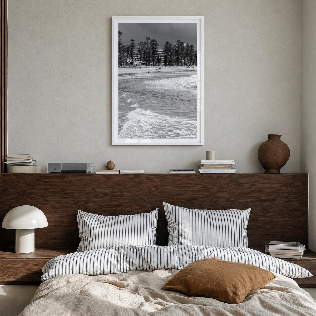 Manly Beach black & white photo poster of Sydney, New South Wales – vertical wall art in white wood frame with white border, 